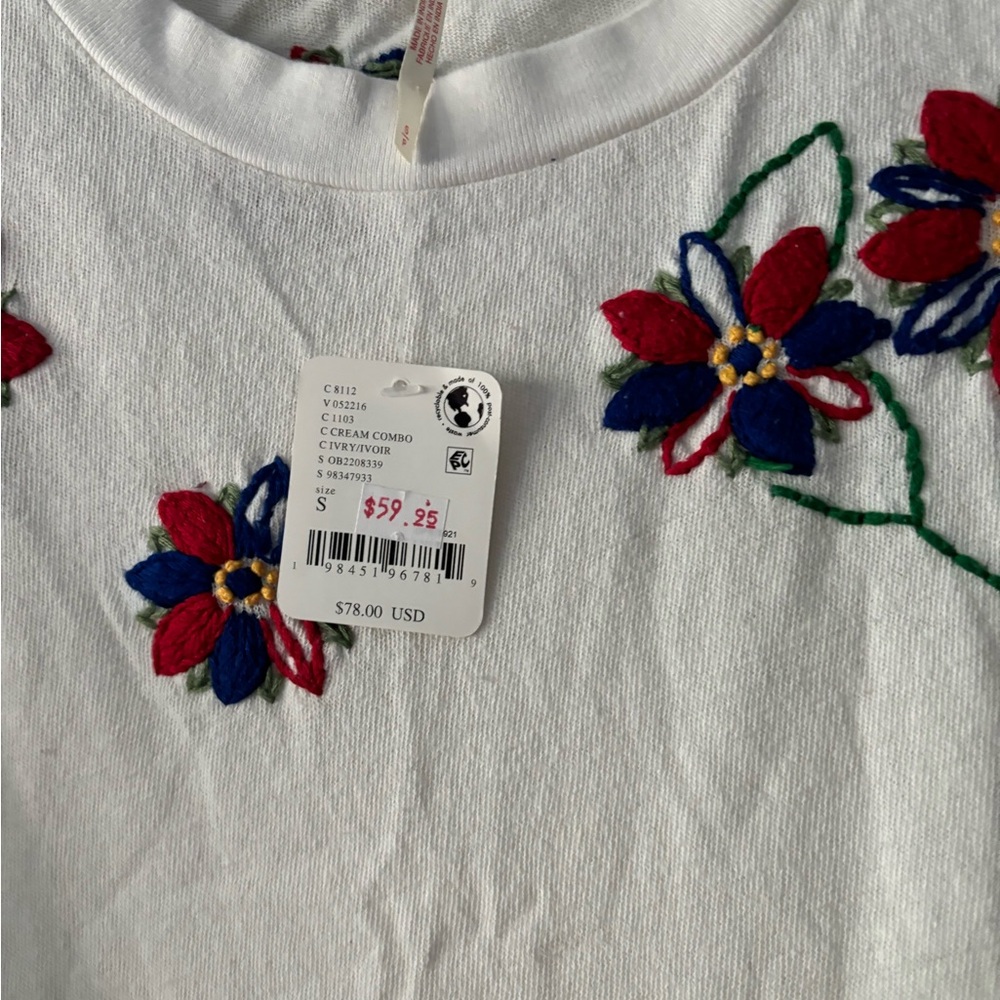 Free People White Tee with Red and Blue Floral Embroidery - Picture 2 of 6